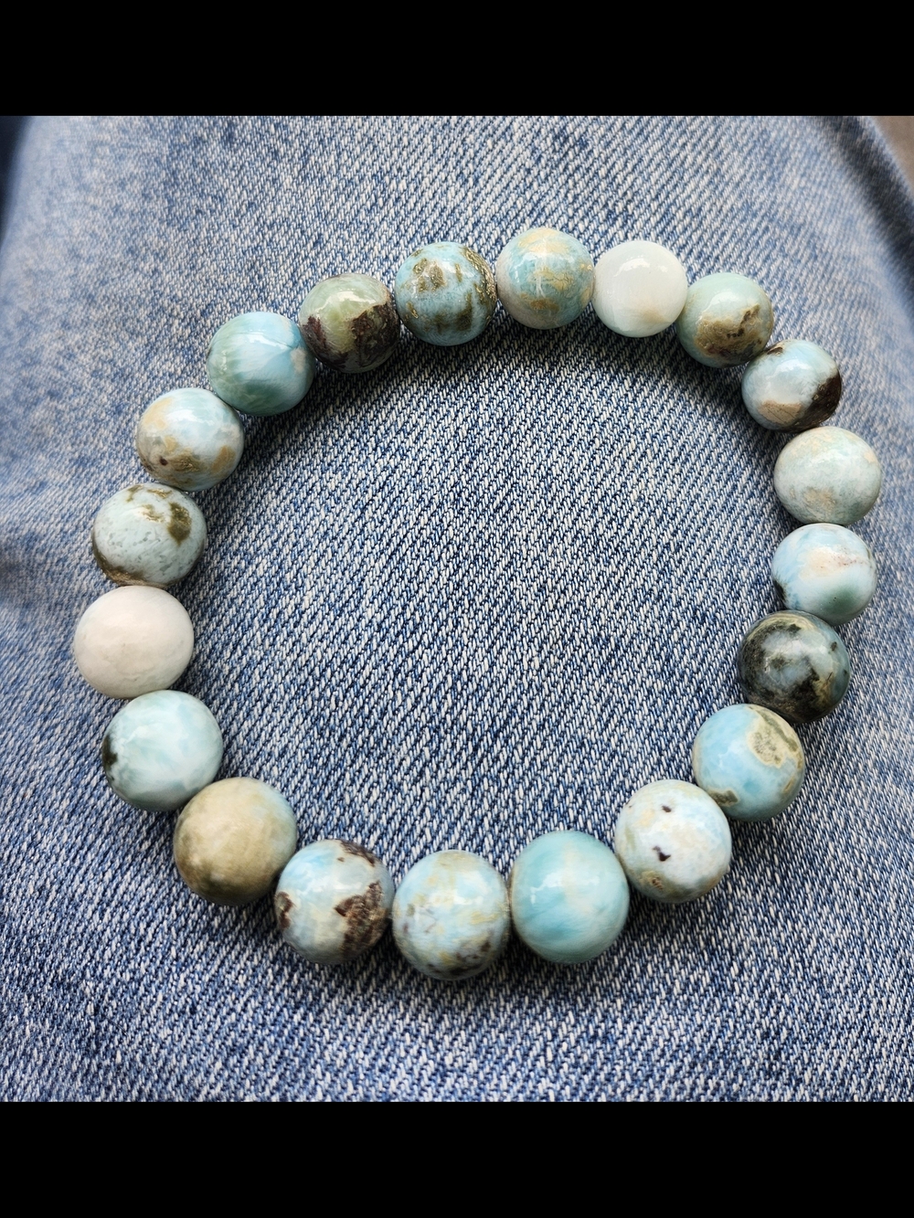 Dominican Republic Natural Larimar Beaded Stretch Bracelet - Blue 10" 6 3/4-7